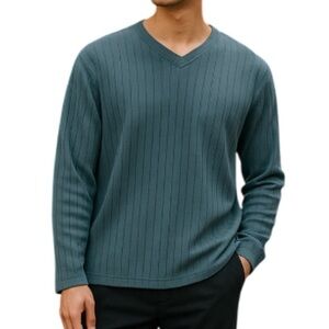 VINTAGE True North Men’s Fleece V-Neck Sweater Steel Blue Ribbed Long Sleeve S